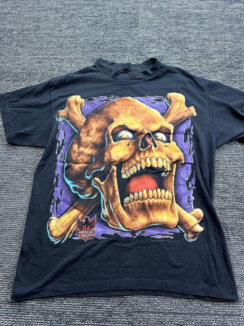 VTG Rare 90s American Biker Skull Crossbones T-Shirt Black Graphic Tee Large